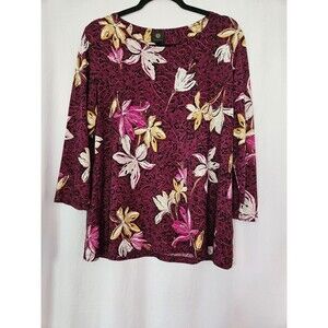 JM Collection Women’s Top Floral Leopard Print 3/4 Sleeves Round Neck Size L